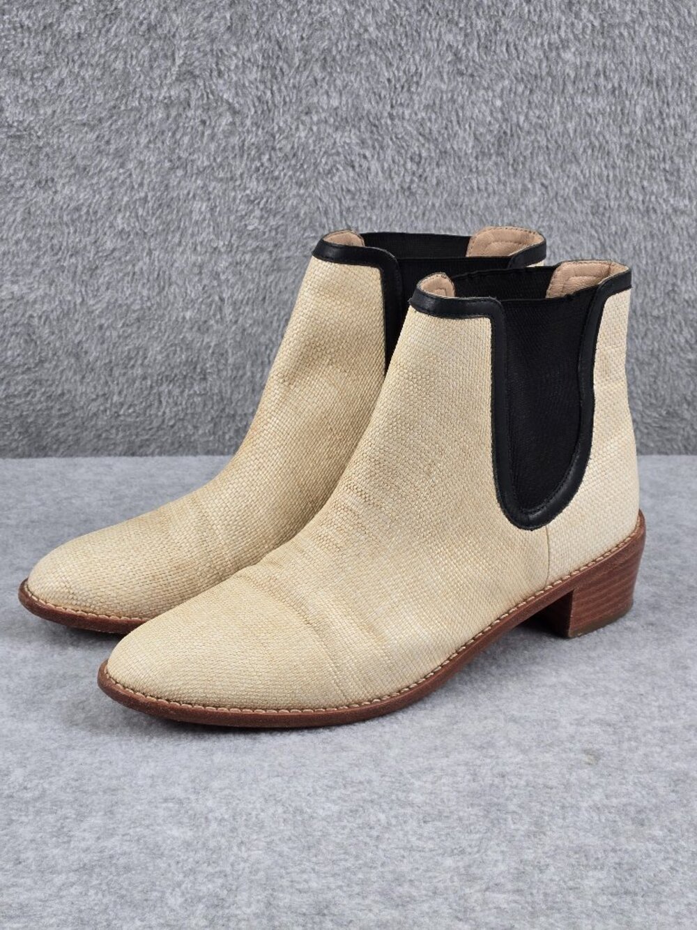 Loeffler Randall Chelsea Boots Womens 9 B Cream Woven Raffia Straw Pull On Ankle